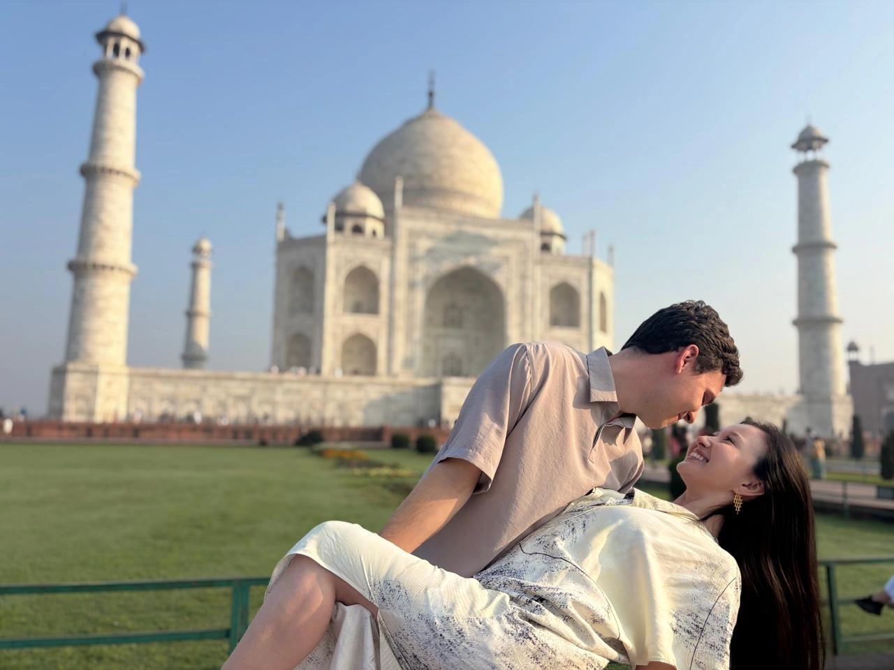 Taj Mahal viewed at sunset from Mehtab Bagh gardens, Agra