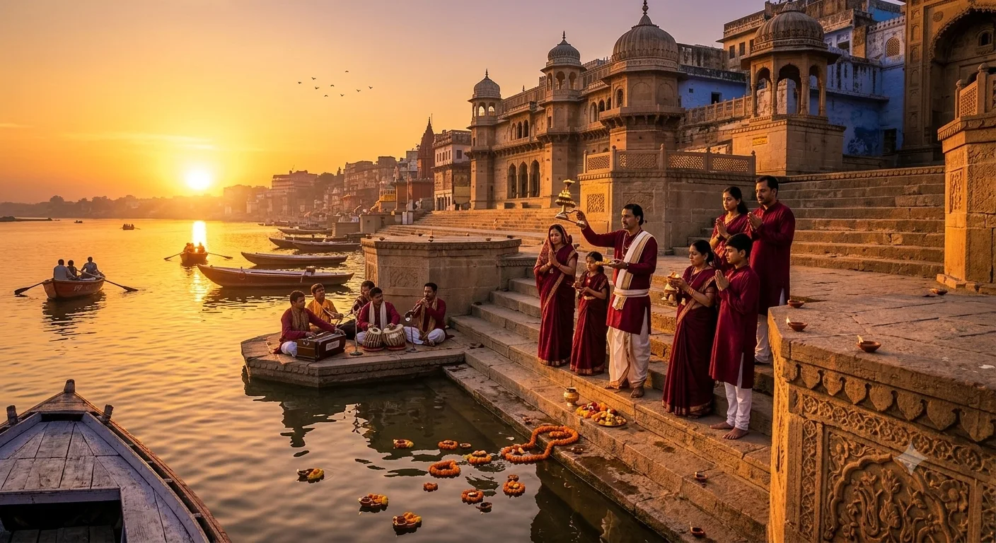 Dashashwamedh Ghat in Varanasi, India at dawn