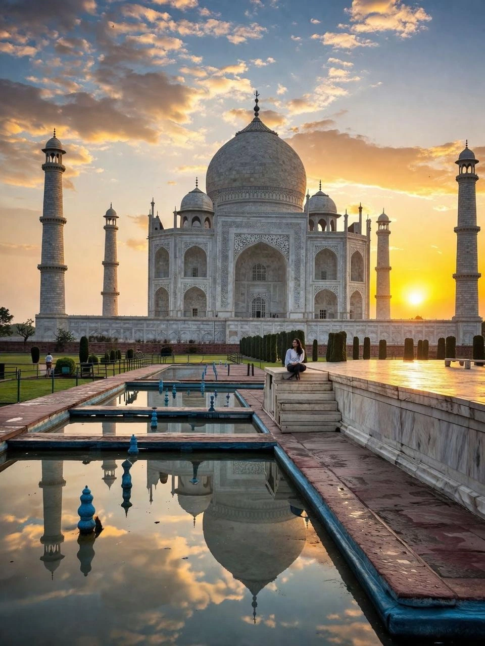 Taj Mahal at sunrise reflected in the water, Agra